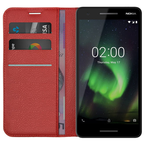 Leather Wallet Case & Card Holder Pouch for Nokia 2.1 - Red